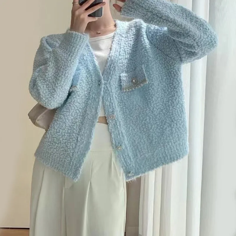 

French style unique pocket design, short knit sweater, cardigan, women's coat