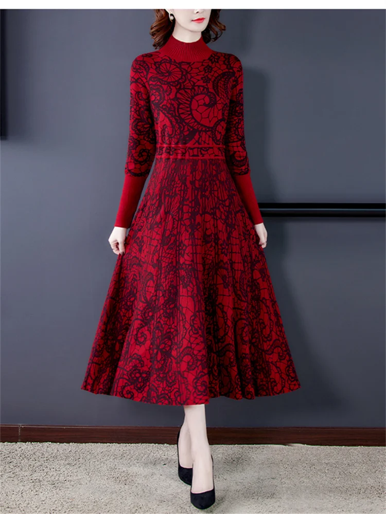 

High Quality Winter Women Vintage Print Slim Big Swing Sweater Dress Robes Femme Half Turtleneck Warm Thick Knitted Dresses