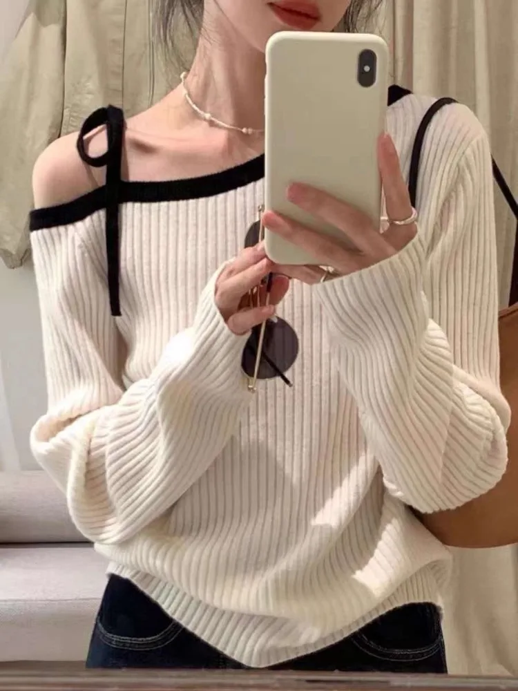 Women Knitted Off Shoulder Sweater Long Sleeve Autumn Top