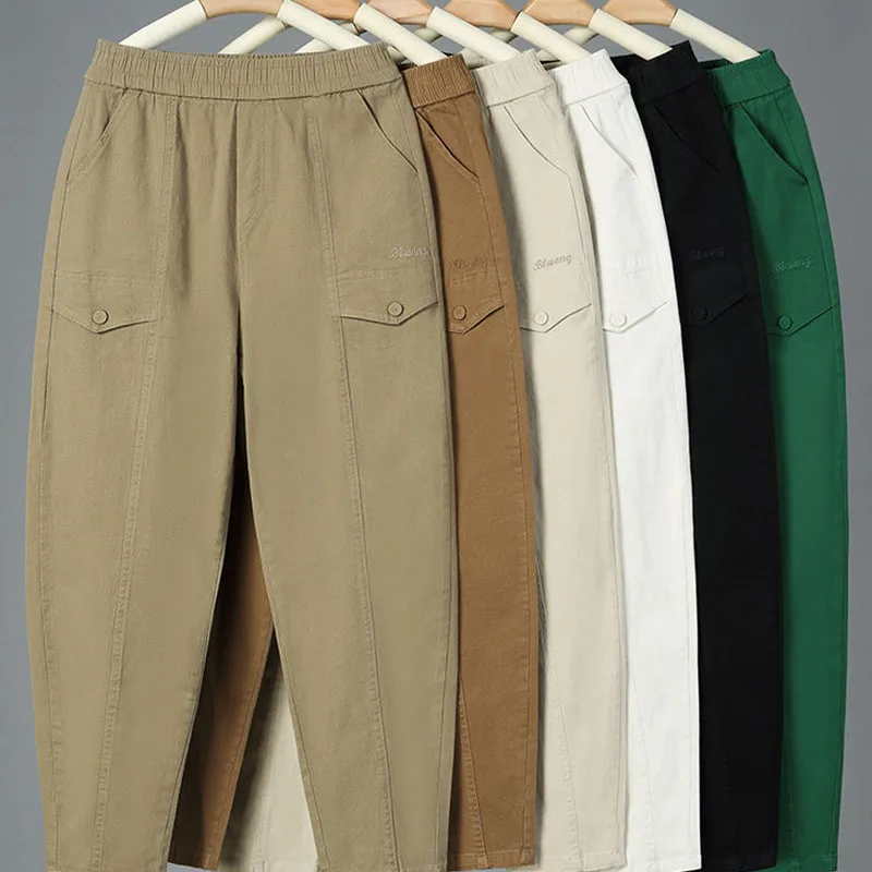 

Women's Pants Cotton Middle Aged Spring Autumn Loose Casual Pants Elastic High Waist Pockets Thickened Khaki Harlan Pants