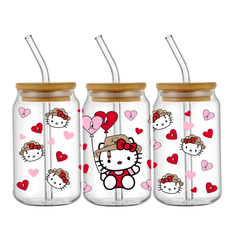 שלום קיטי מדבקת העברת UV DTF ליום האהבה עבור כוס זכוכית בנפח 16 אונקיות, מדבקת עטיפה עצמית קבועה ועמידה במים