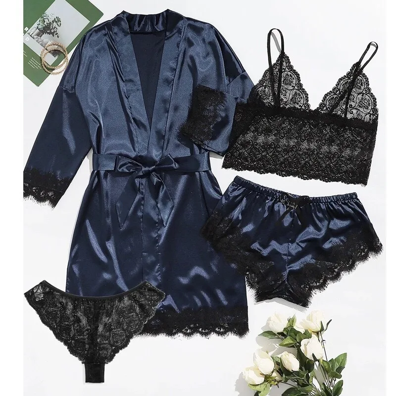 4Pcs/set bathrobe women's shower erotic lingerie home wear lace camisole shorts ladies solid colour nightgown pajamas four sets