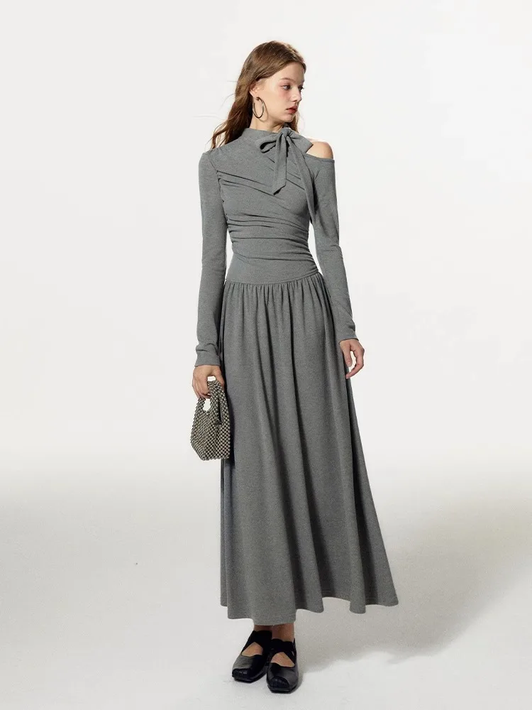 Grey Off Shoulder Pleated Dress For Women In Autumn And Winter, With A  Unique Sense Of Luxury And A Slim Fit A-Line Dress - AliExpress 200000345