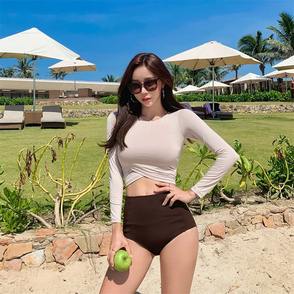 Long Sleeve Rash Guard Women Solid Two Piece Swimsuit Push Up Swimwear High Waist Tankini Pad Surfing Suit Crop Top Diving Suit