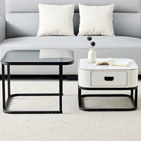 SHARPDO Tables Basses gigognes, Pierre Sinterisée & Verre trempé, Tiroir Simili Cuir Blanc, Lot de 2, 60/50 cm, Design Moderne pour Salon, Carrée (carrée) 4