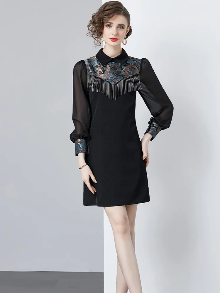 

Spring Luxury Beading Dresses for Women Long Sleeve 2024 Fashion V Neck Blue Party Dress Plus Size Casual Office Black Robe