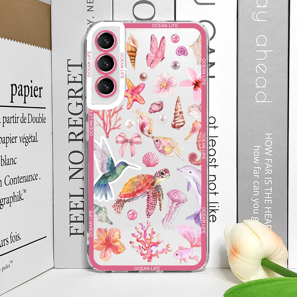 Pink Summer Ocean Turtle & Dolphin Print Clear Phone Case - Soft Protective Cover