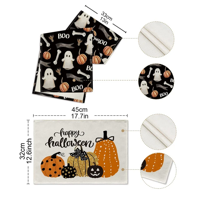 2023 Halloween Fiberflax Table Runner and Placemat Set - Washable Tablecloth with Pumpkin and Ghost Design for Dining Table Decoration - Image 4