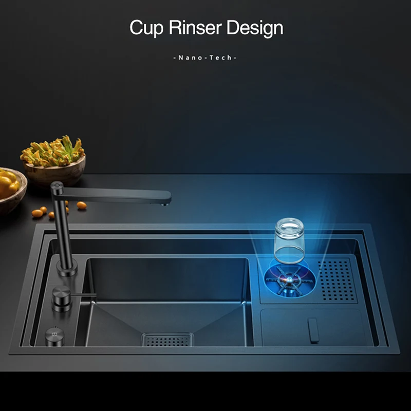 Hidden Nanometer Three Cover Kitchen Sink SUS 304 Stainless Steel 4mm Thickness With Cup Rinser And Trash Can Nanometer Sinks 3
