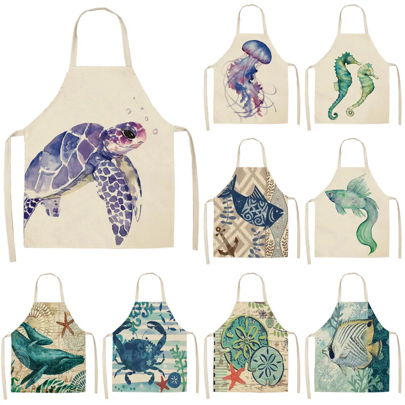 

Marine Animals Printed Kitchen Aprons for Women Kids Sleeveless Cotton Linen Bibs Cooking Baking Cleaning Tools 53*65cm