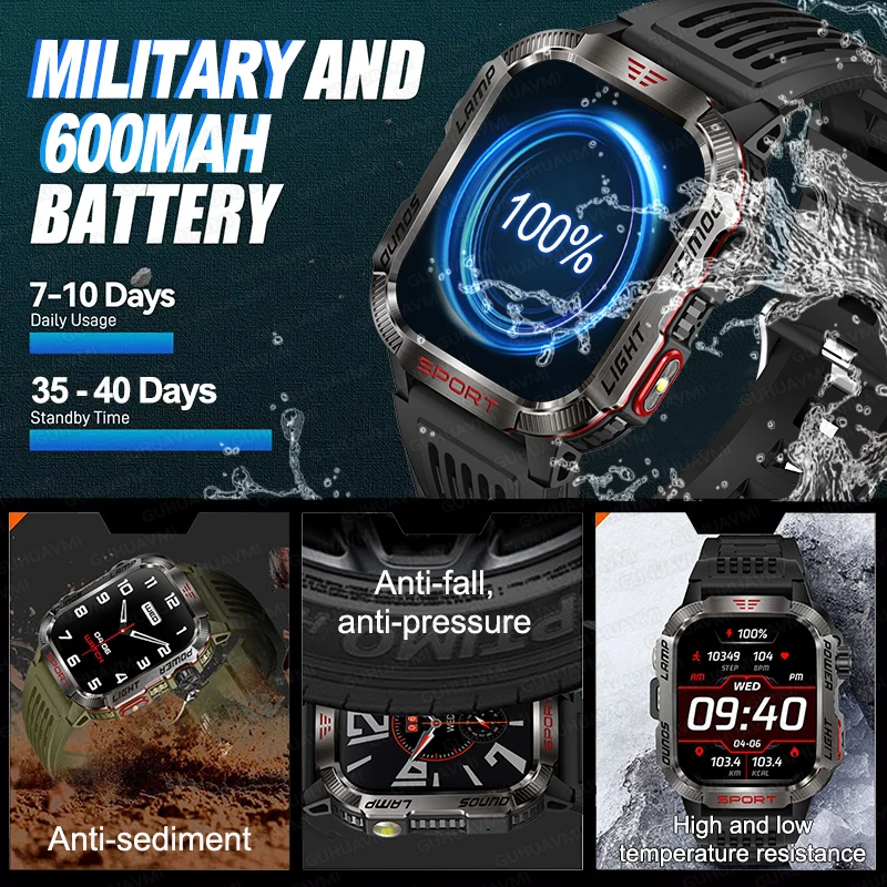 New 2.01-inch Outdoor Men Smart Watch 3ATM Waterproof 600Mah Battery Compass LED Flashlight Bluetooth Call Smartwatch For Xiaomi 3