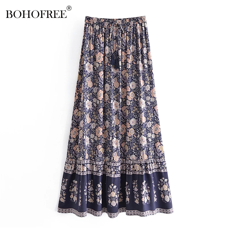 

Vintage Chic Floral Print Elastic Waist Maxi Saia Rayon Cotton Woman Beach Fadal Skirt Ethnic Ladies Skirts 2022