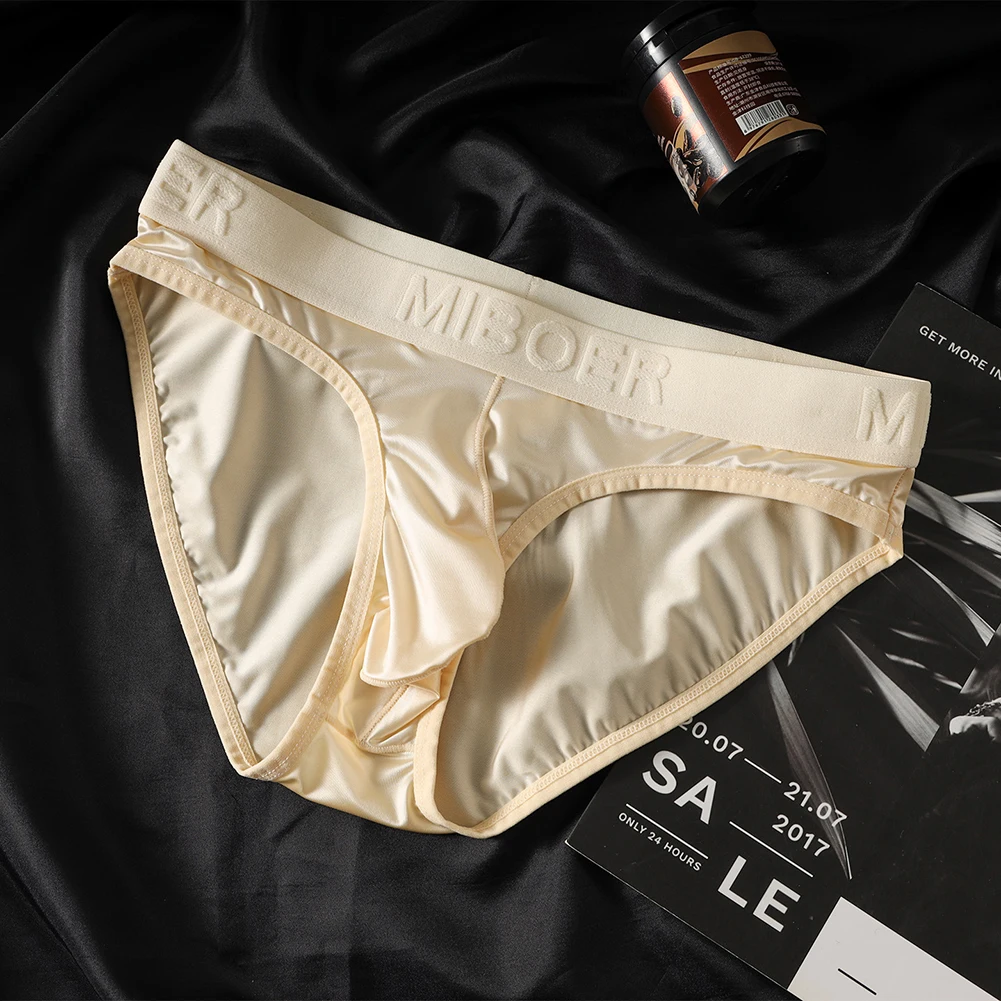 Mens Briefs Underwear with Ice Silk Satin-like Fabric Bulge Pouch Low Waist Smooth Stretch Underpants Suitable for All Seasons