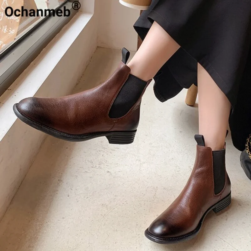 

Ochanmeb Women Genuine Leather Chelsea Short Boots Autumn Winter Square Low Heel Ankle Boots Woman Round Toe Elastic Band Shoes