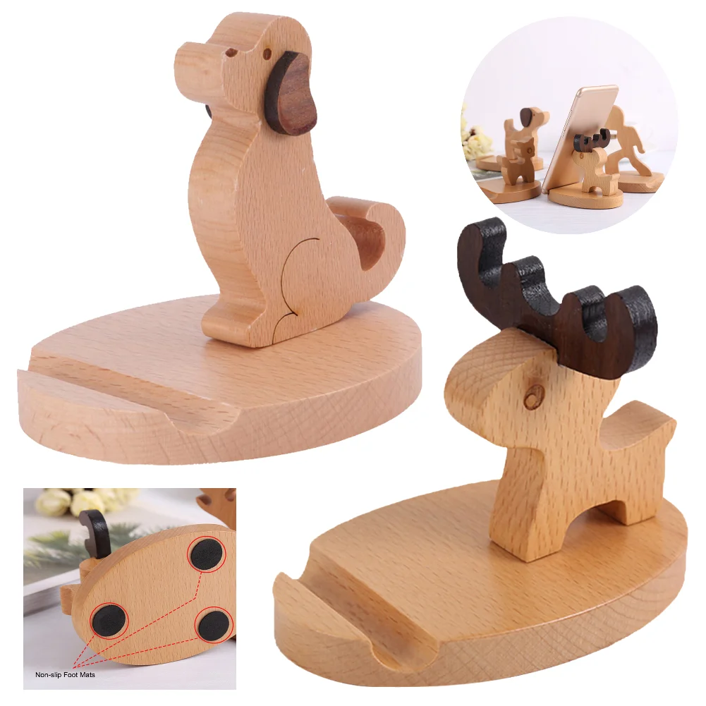 Solid Wood Deer/Dog Mobile Phone Holder Car Home Mount Bracket Mobile Tablet Desktop Stand Non-Slip for Table Desk Room Office