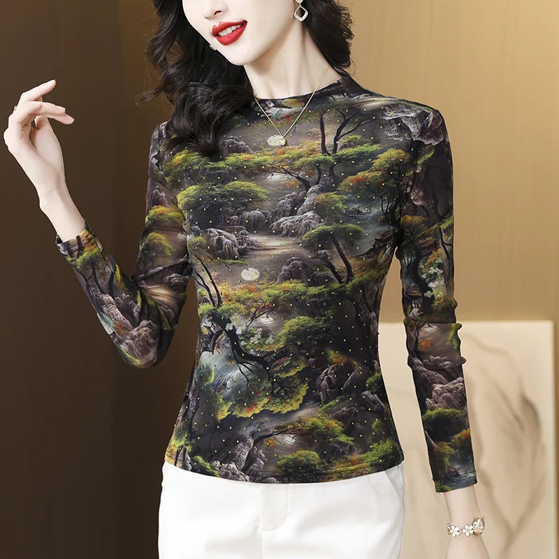 

Autumn Winter New Mesh T Shirt Female Long-Sleeved Half Turtleneck Diamonds Printed Slim Pullovers Tops M-4XL
