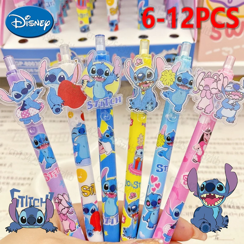1 juego de bolígrafos de gel Disney Stitch para estudiantes, bonitos dibujos animados de anime, bolígrafos borrables negros, recambio neutro, útiles escolares, papelería de oficina