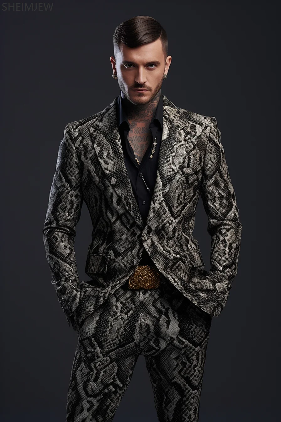Men's Suit Two-piece Suit Fashionable Adult Cosplay Crocodile Pattern Host Wedding Macho Jacket Pants Business Gown