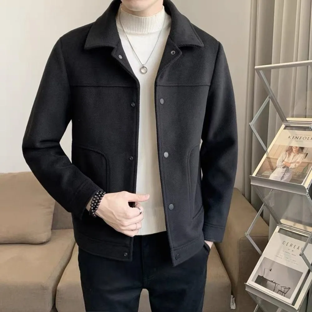 2023 Fashion Men Single-Breasted Windbreaker Solid Color Slim Short Woolen Coat Winter Casual Warm Windbreaker Coat Men Clothing