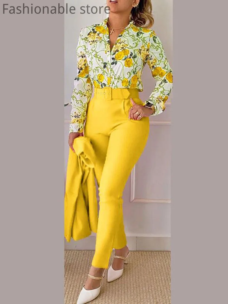 

Women Casual Floral Print Long Sleeve Turn-down Collar Shirt and High Waist Pants 2pcs Set