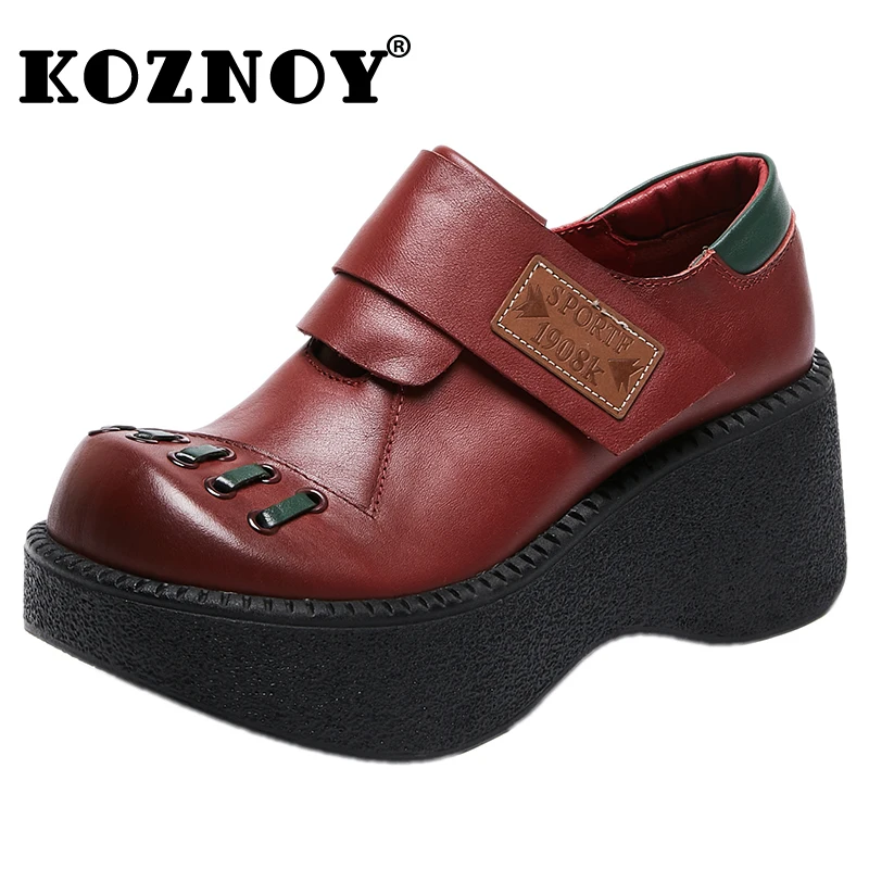 

Koznoy 6cm 2024 New Ethnic Cow Genuine Leather Mary Jane Ladies Autumn Summer Round Platform Wedge Flats Shoes Spring Hook Women