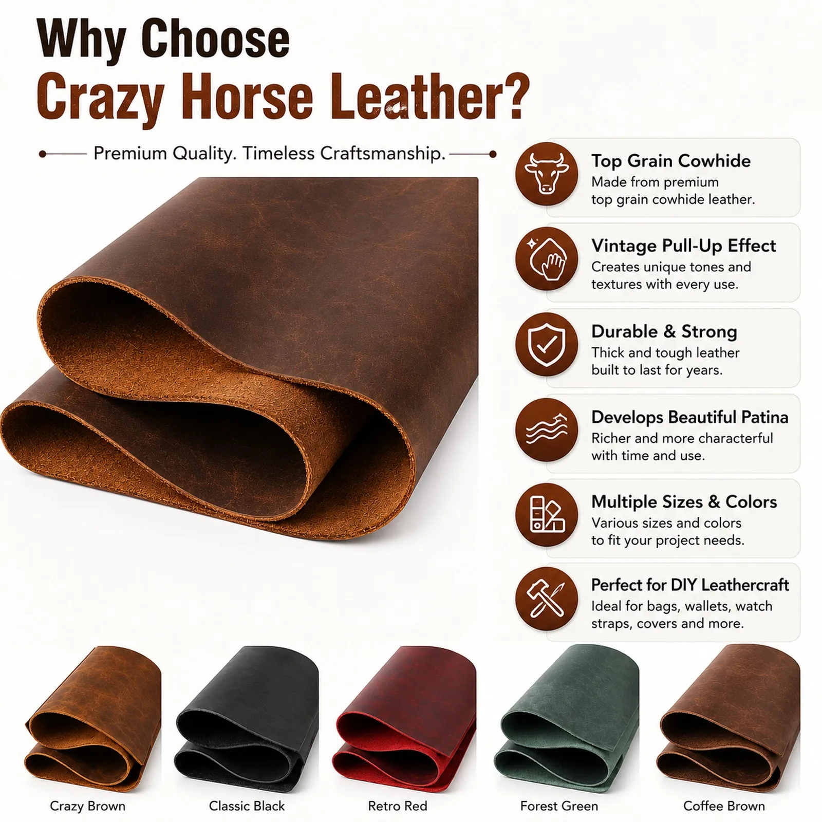 Premium Crazy Horse Leather - Handmade DIY Top Layer Cowhide, Oil Wax Retro Finish, Genuine 1-2mm Thickness