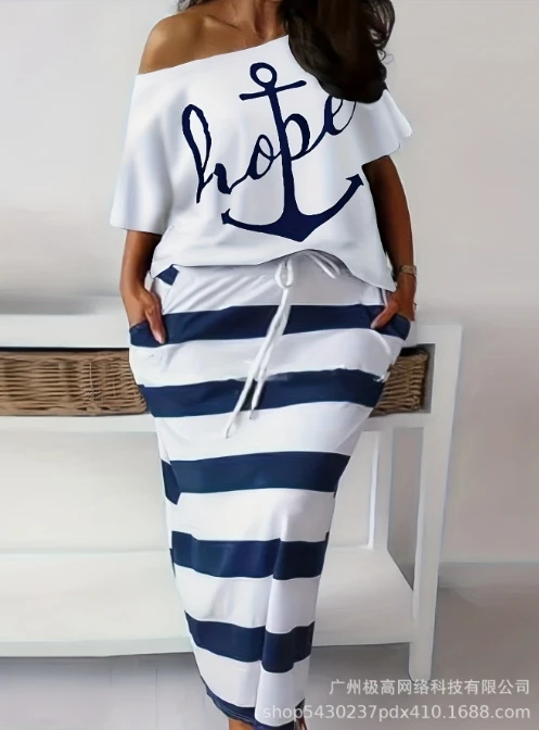 New Navy Style Leisure Boat Anchor Print Short Sleeved T-Shirt Half Skirt Set Elegant Commuting Leisure Half Skirt Set for Women