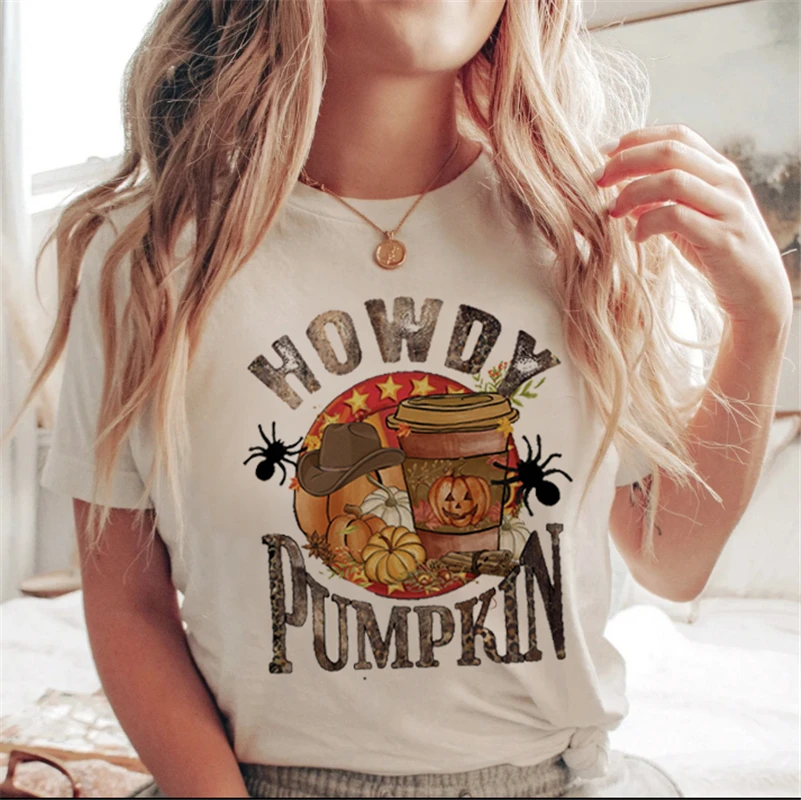 Lettera stampata bianca cartone animato Halloween autunno maglietta casual vestiti tendenza anni '90 donna donna T costume donna stampa grafica925_voghion.com