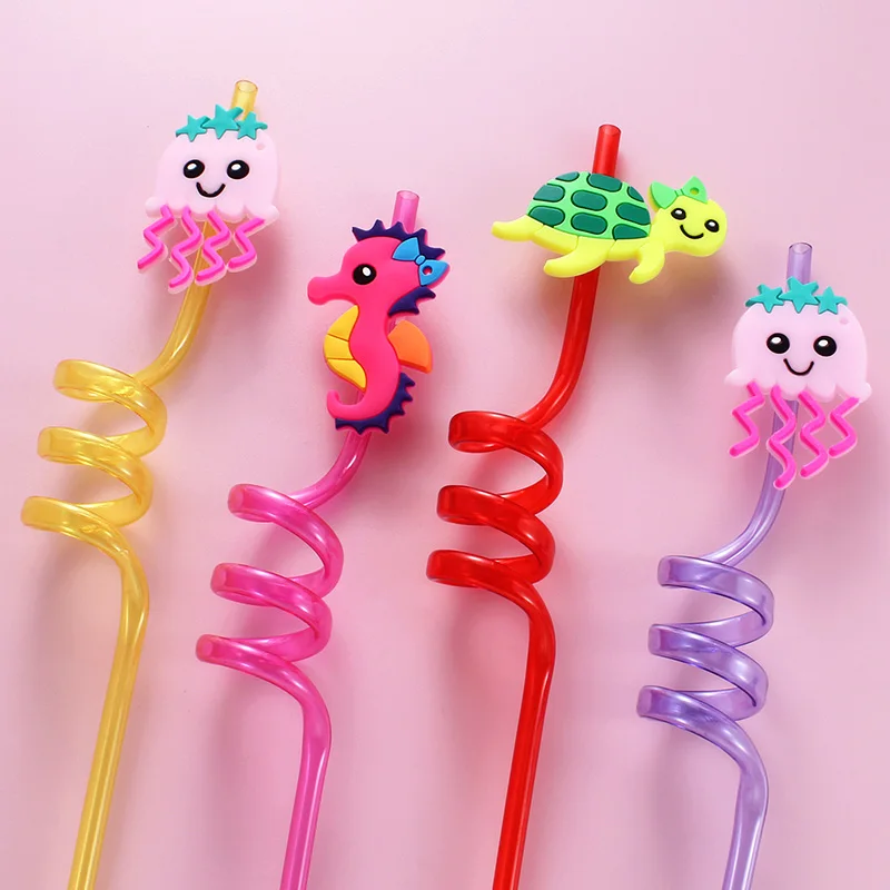 Set of 12 Reusable Spiral Straws with Adorable Marine Animal Caps - Perfect