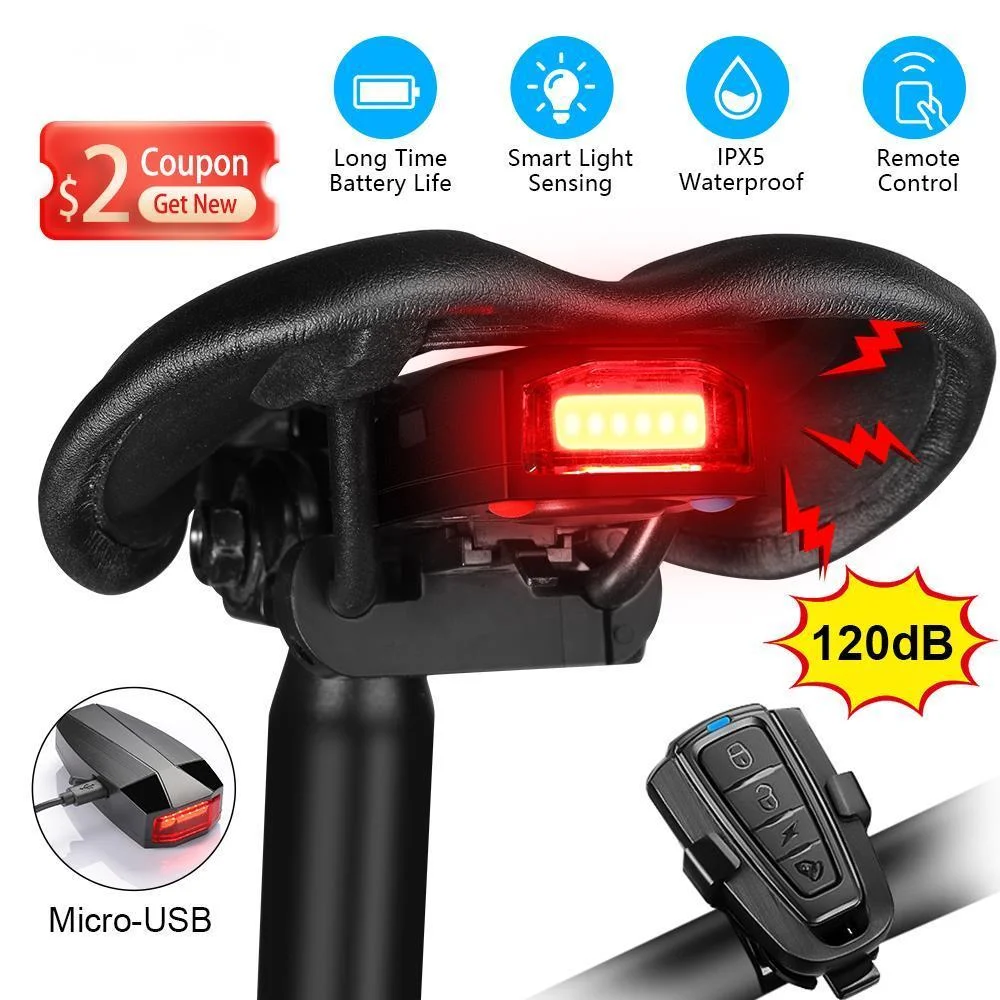 2024 Bicycle Light Anti Theft Alarm Wireless Waterproof Auto Brake Sensing Remote Control USB Bike Taillight Horn Lamp Alarm