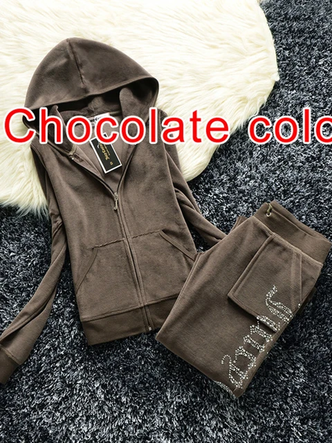 YICIYA TRACKSUIT hoodies Velvet Zipper Sweatshirt And Pants Winter women velour Pant Suit Hoodies Zipper Rhinestone velour suits Chocolate color suit