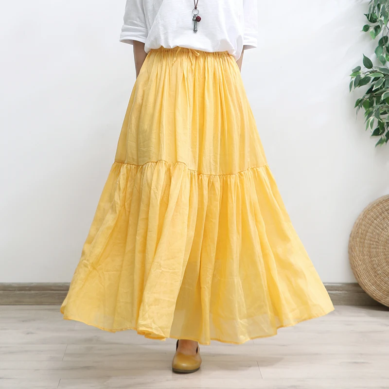 TIYIHAILEY Free Shipping 2022 Long Maxi A-line Skirt Women Elastic Waist Spring Autumn Vintage Big Hem Blue Yellow Linen