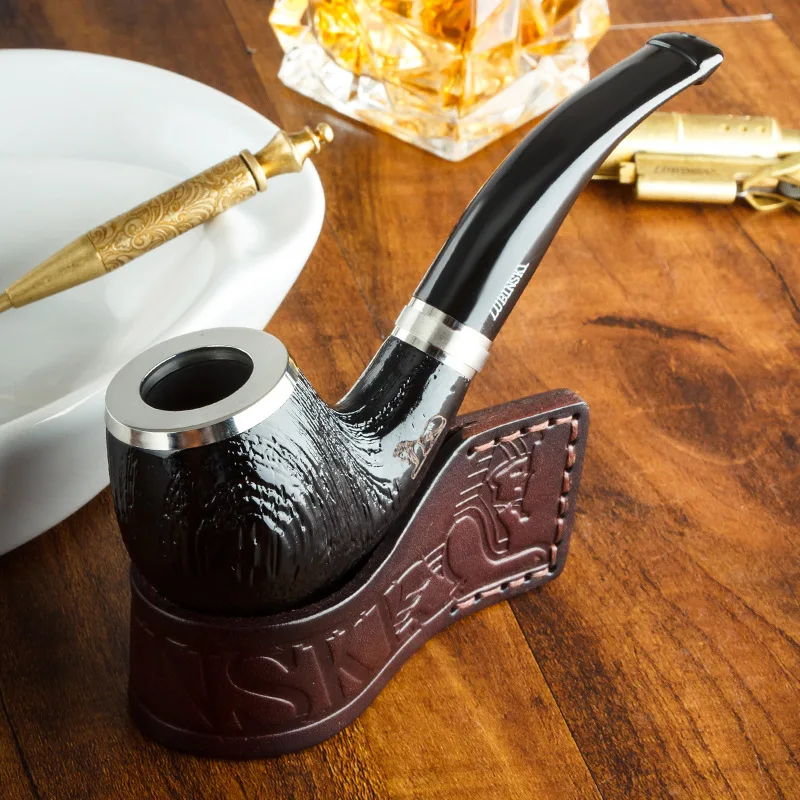 Black Ebony Wood 9mm Flue Tobacco Pipe Men Bent Type Handmade Double Silver Ring Sandblasting Smoking Pipe Gift Accessory