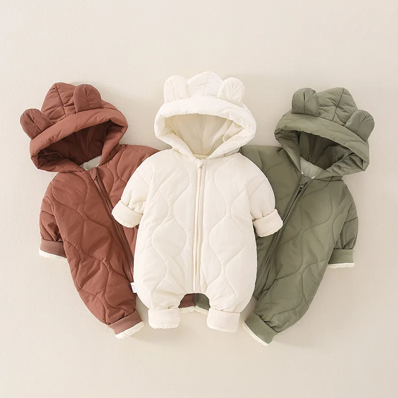 

Winter Baby Boys Girls Rompers Thermal Bear Ear Hooded Newborns Children Clothes Warm Bodysuits Zipper Jacket One-piece Outfits