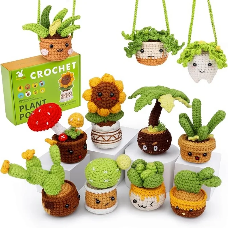 Crochet Kit MIUSIE 11 PCS Potted Plants Crochet Starter Kit Crochet Kit for Adults with Step-by-Step Video Tutorials Craft DIY Knitting