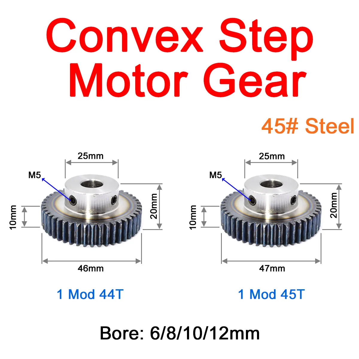 

1Pc 1Mod 44 Tooth/1Mod 45 Tooth Convex Step Motor Gear Spur Gear Carbon Steel Bore 6mm/8mm/10mm/12mm Top Thread M5