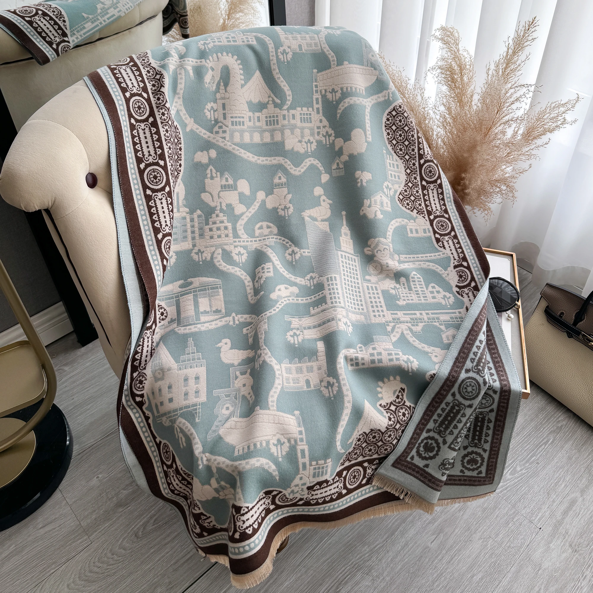 New Arabia Double Sided Tassel Scarf Mature Imitation Cashmere Warm Shawl Autumn Winter Office Coldproof Windproof Wrapped Scarf