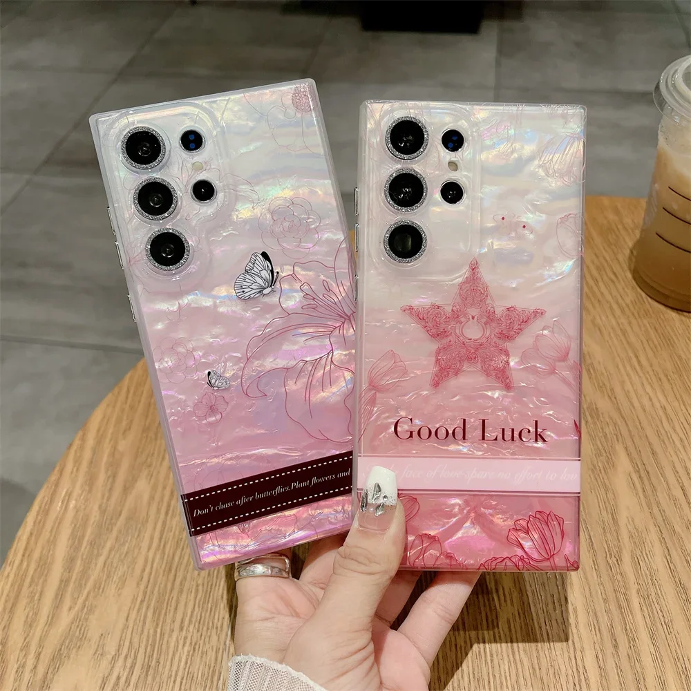 Luxury Gradient Laser Shell Case with Glitter Camera Protection and Cartoon Design