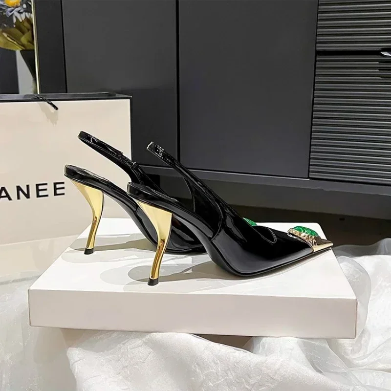 Star style Gemstone Metal Toe Patent Leather Women Pumps Fashion Stiletto High heels Spring Autumn Slingbacks Party Dress Shoes