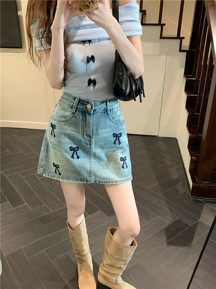 Denim Skirt Bow Embroidered American Street Plus Size Retro Women Summer Niche Design Sense High Waist Slim A-Word Skirt Tide