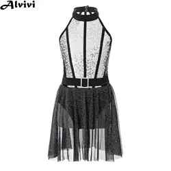Girls Latin Jazz Dance Dress Sleeveless Shiny Sequin Mesh Leotard Tutu Ballet Skating Gymnastics Stage Performance Dancewear