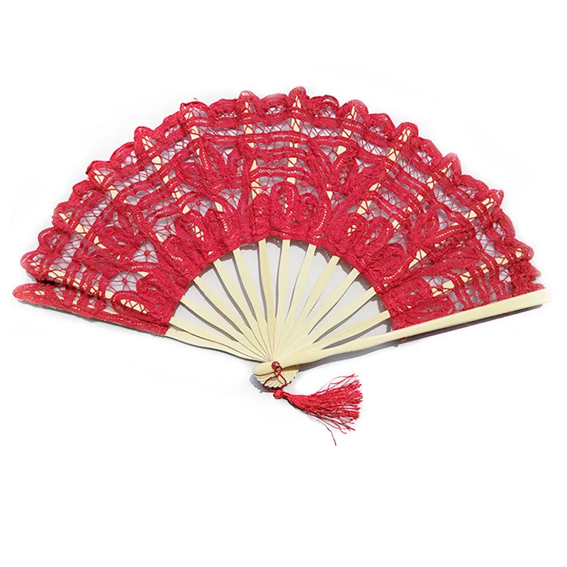 OMyTea Ventaglio a mano pieghevole in pizzo per donna - Ventaglio in pizzo di bambù portatile spagnolo giapponese cinese - per matrimoni, decorazioni, spettacoli, balli, chiesa, feste, regali (rosso