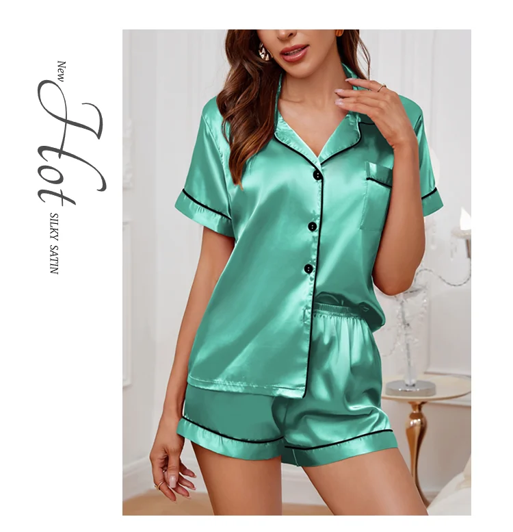 Sommer-Pyjama-Set aus Seidensatin für Damen, Oberteil und Shorts mit Knopfleiste, 2-teilig, Nachtwäsche, gekerbter Kragen, Nachtwäsche, Loungewear für Damen – Detail 22