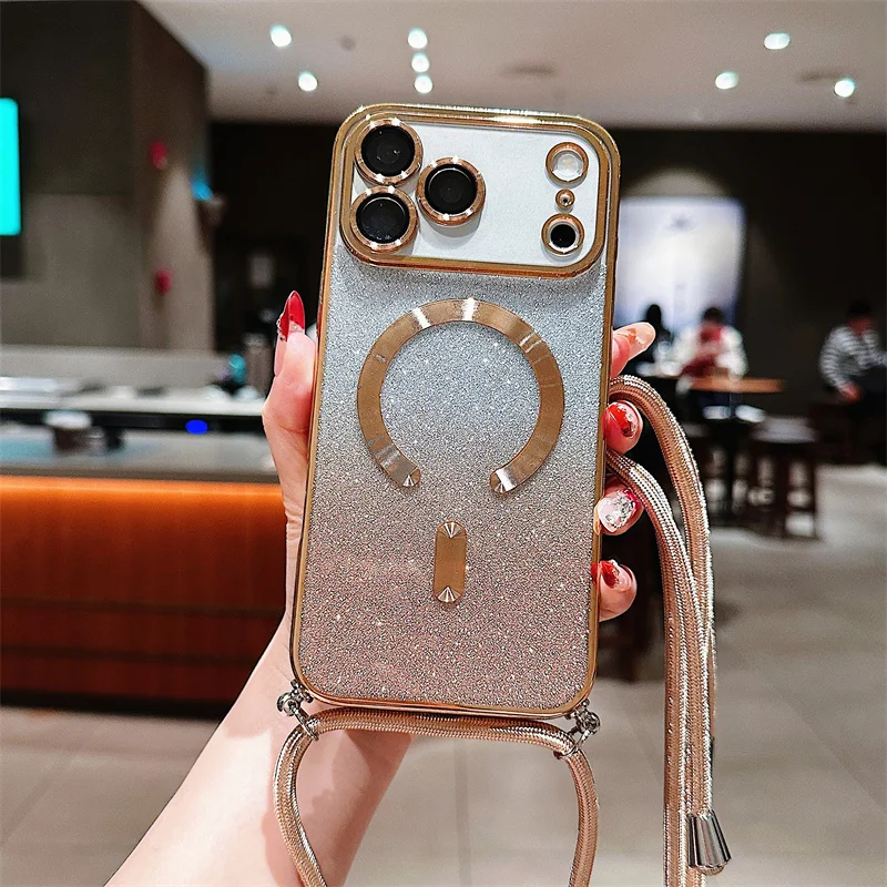 Glitter Magnetic Crossbody Lanyard Phone Case with Magsafe-Compatible Soft TPU Back Cover