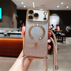 Glitter Magnetic Crossbody Lanyard Phone Case with Magsafe - Compatible Soft TPU Back Cover for iPhone 15 Plus (Golden)