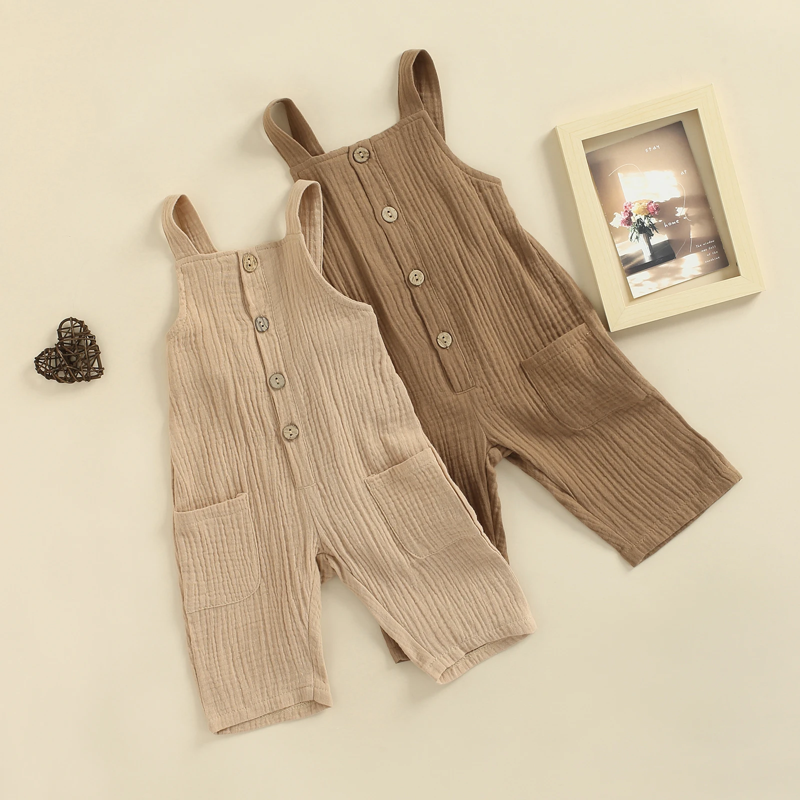 Bamboo fiber children's clothes Cotton Linen Casual Solid Children Jumpsuit Toddler Square Collar Sleeveless Button-down Suspender Trousers For Girls Boys Cute Infant Baby Girls Romper