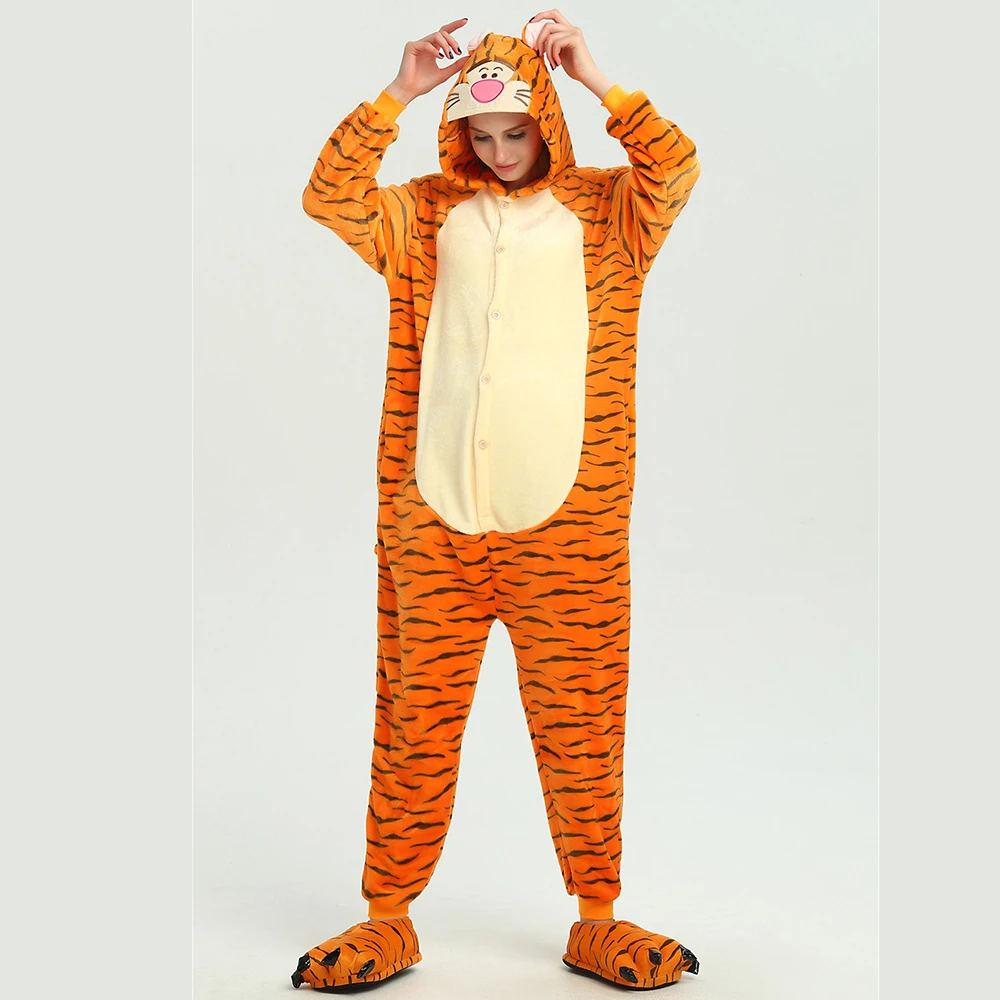 Orange Tiger with short tail and black stripe Hooded Flannel One-piece Hooded pajamas Button Onesie Couple Cosplay Sleepwear