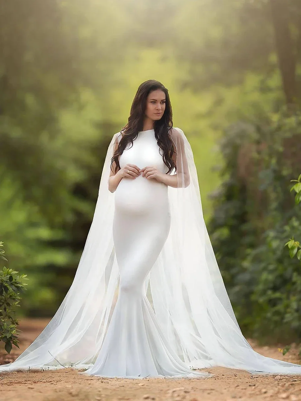 

Maternity Photography Dresses White Maxi Long Dresses With Mesh Cloak Pregnancy Dresses for Photoshoot Pregnant Baby Shower