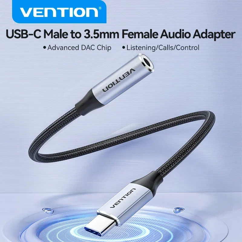 Vention USB Type C to 3.5mm DAC Chip Earphone Adapter USB C to 3.5 Aux Cable for iPhone 16 Pro Max PC Macbook Samsung Galaxy