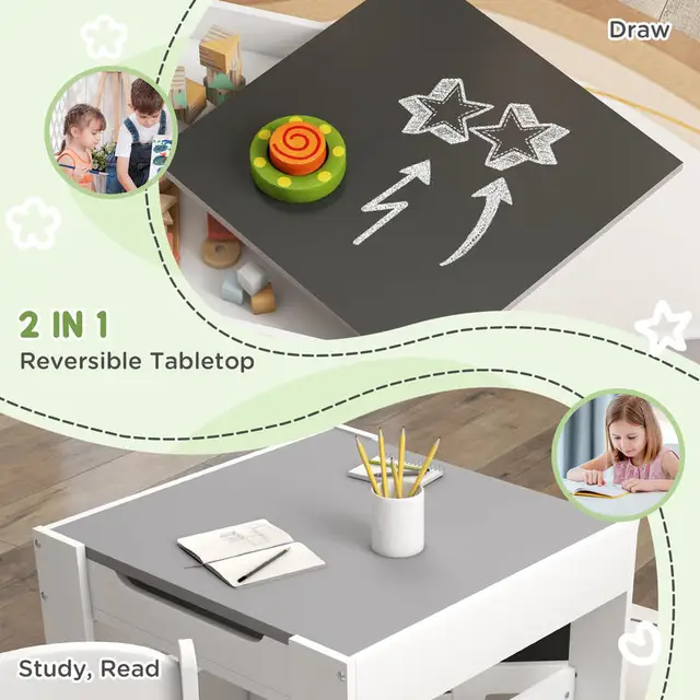 Qaba 3pc Kids Table and Chair Set with Reversible Tabletop Blackboard, Storage & Bookshelves, Gray